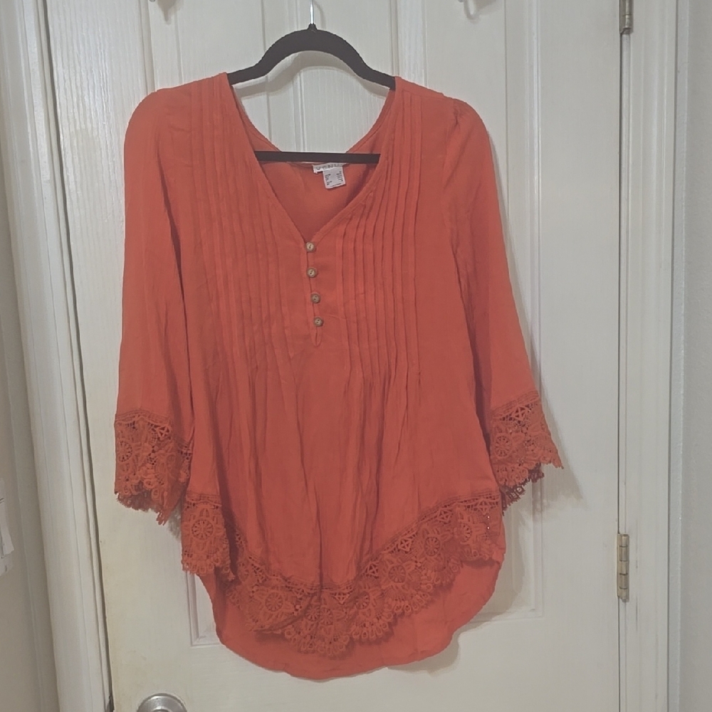 VENUS Orange Tunic with 3/4 Bell Sleeves and Pleated Design